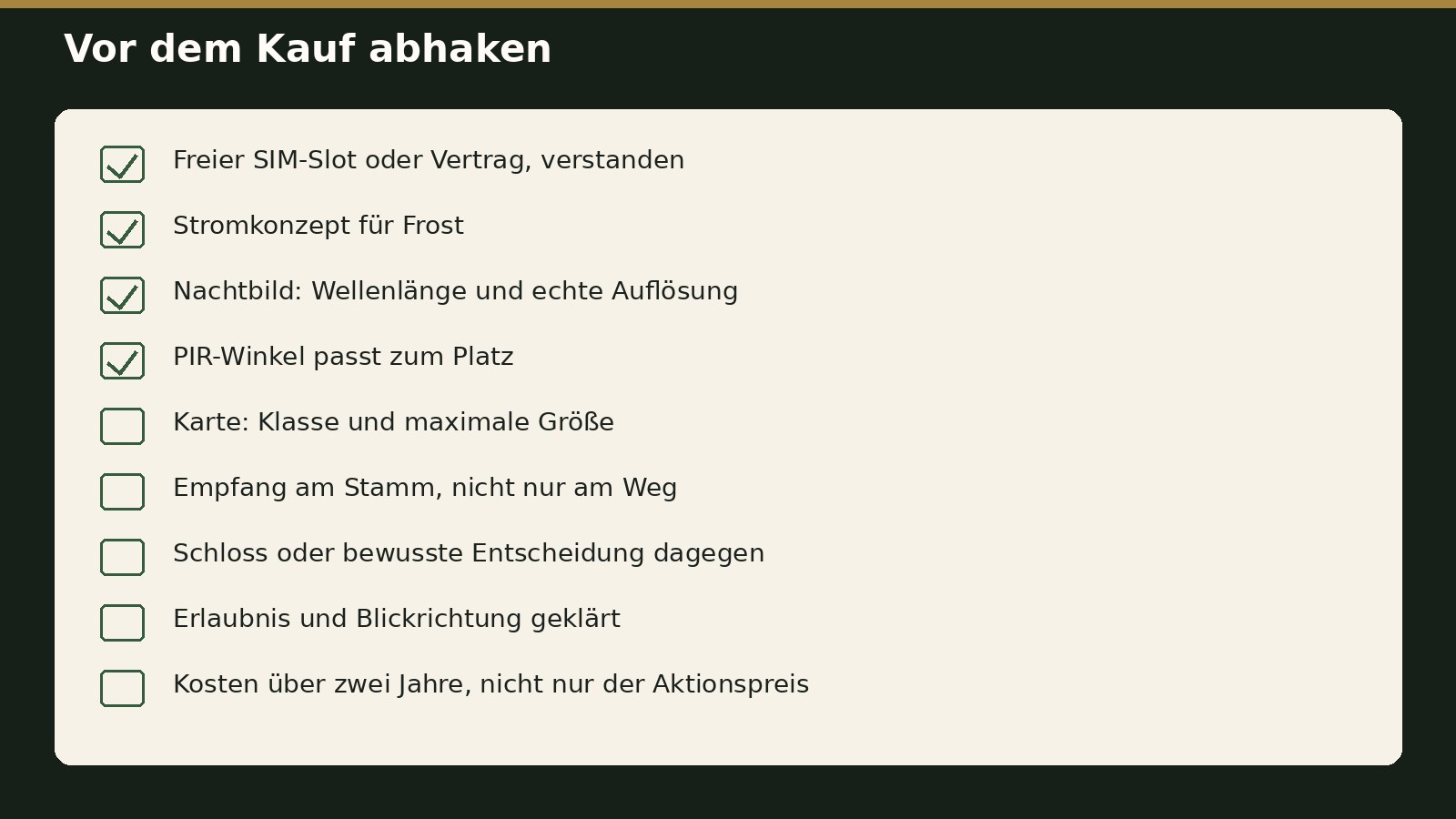 Neun Punkte vor dem Wildkamera-Kauf, zum Abhaken.