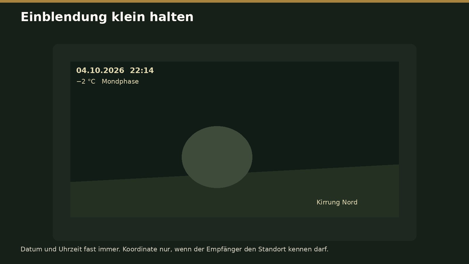 Beispielzeile mit Datum, Uhrzeit, Temperatur und Kameraname, klein am Rand.